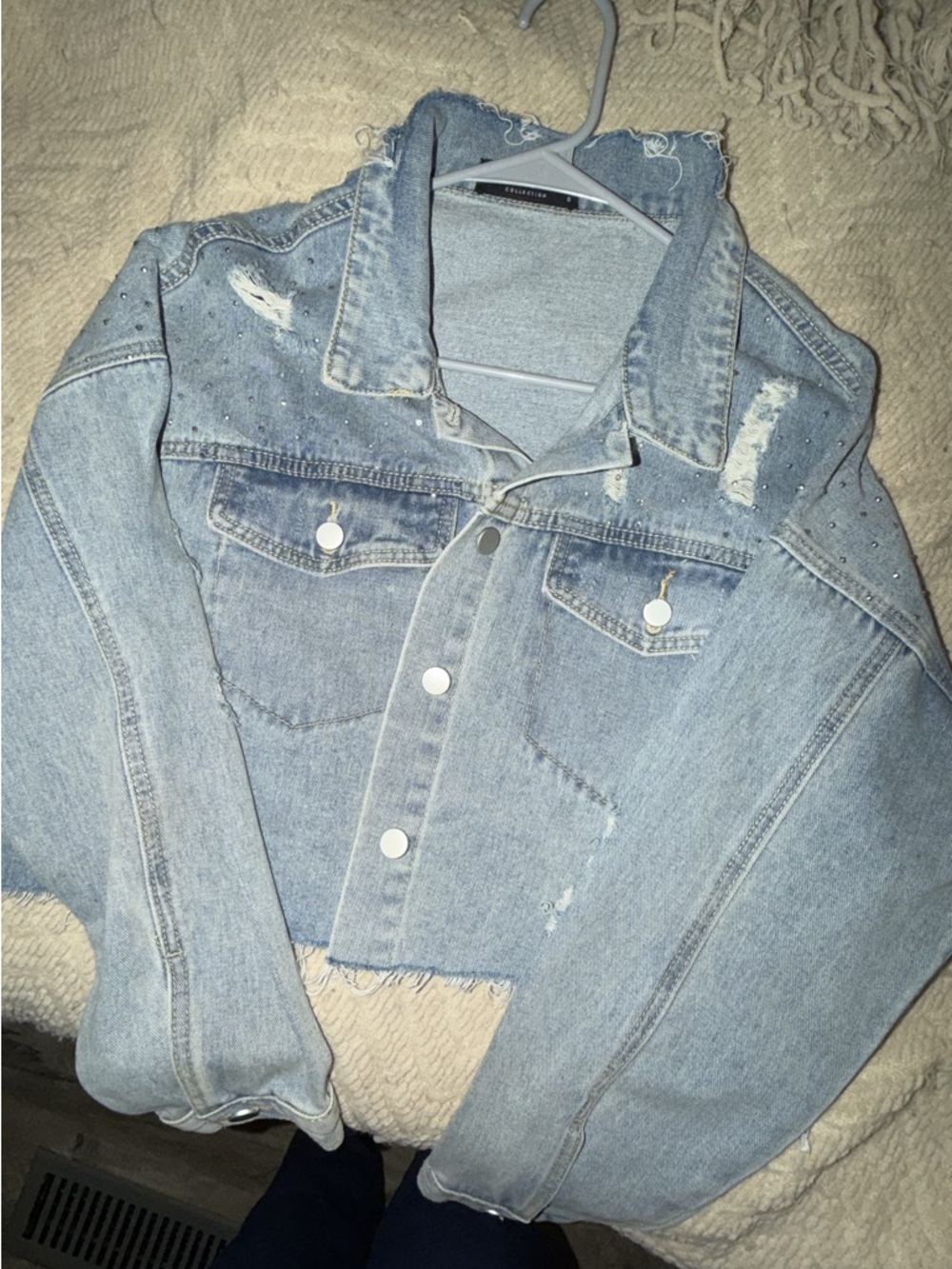 Light Wash Distressed Denim Jacket with Stud Accents